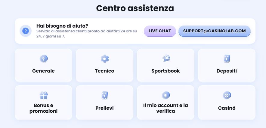 Contatta il supporto clienti CasinoLab tramite live chat ed email